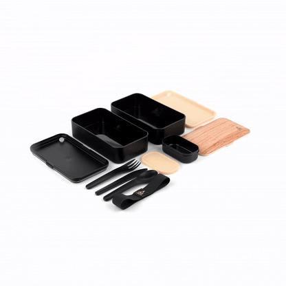 Bento Tek 41 oz Wood Grain and Black Buddha Box All-in-One Lunch Box - with Utensils, Sauce Cup - 7 1/4" x 4 1/4" x 4" - 1 count box