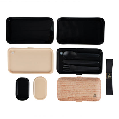 Bento Tek 41 oz Wood Grain and Black Buddha Box All-in-One Lunch Box - with Utensils, Sauce Cup - 7 1/4" x 4 1/4" x 4" - 1 count box