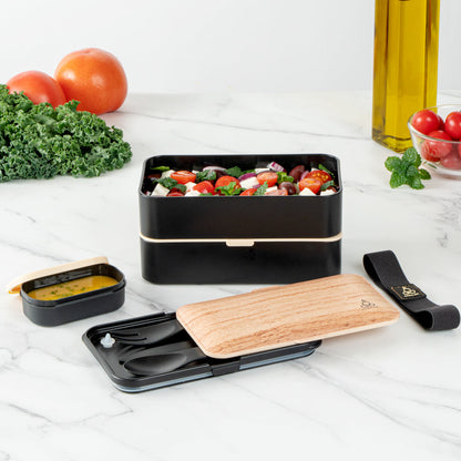 Bento Tek 41 oz Wood Grain and Black Buddha Box All-in-One Lunch Box - with Utensils, Sauce Cup - 7 1/4" x 4 1/4" x 4" - 1 count box