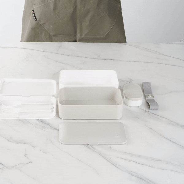 Bento Tek 41 oz Gray and White Buddha Box All-in-One Lunch Box - with Utensils, Sauce Cup - 7 1/4" x 4 1/4" x 4" - 1 count box