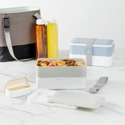 Bento Tek 41 oz Gray and White Buddha Box All-in-One Lunch Box - with Utensils, Sauce Cup - 7 1/4" x 4 1/4" x 4" - 1 count box