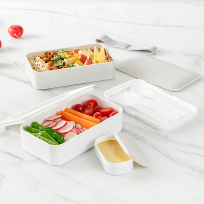 Bento Tek 41 oz Gray and White Buddha Box All-in-One Lunch Box - with Utensils, Sauce Cup - 7 1/4" x 4 1/4" x 4" - 1 count box
