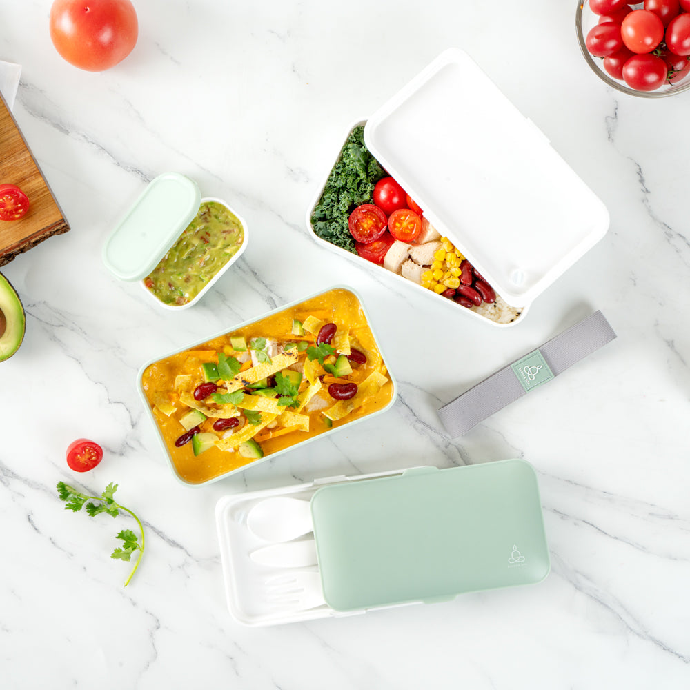Bento Tek 41 oz Green and White Buddha Box All-in-One Lunch Box - with Utensils, Sauce Cup - 7 1/4" x 4 1/4" x 4" - 1 count box