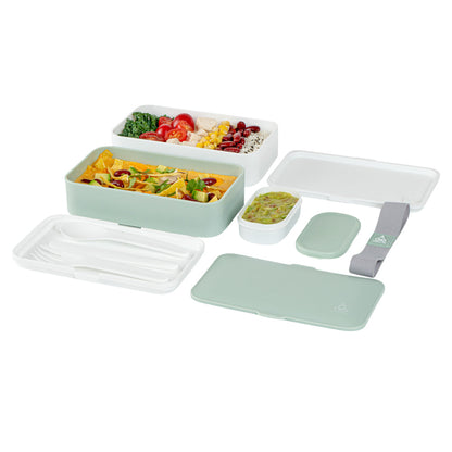 Bento Tek 41 oz Green and White Buddha Box All-in-One Lunch Box - with Utensils, Sauce Cup - 7 1/4" x 4 1/4" x 4" - 1 count box