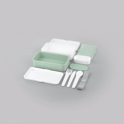Bento Tek 41 oz Green and White Buddha Box All-in-One Lunch Box - with Utensils, Sauce Cup - 7 1/4" x 4 1/4" x 4" - 1 count box