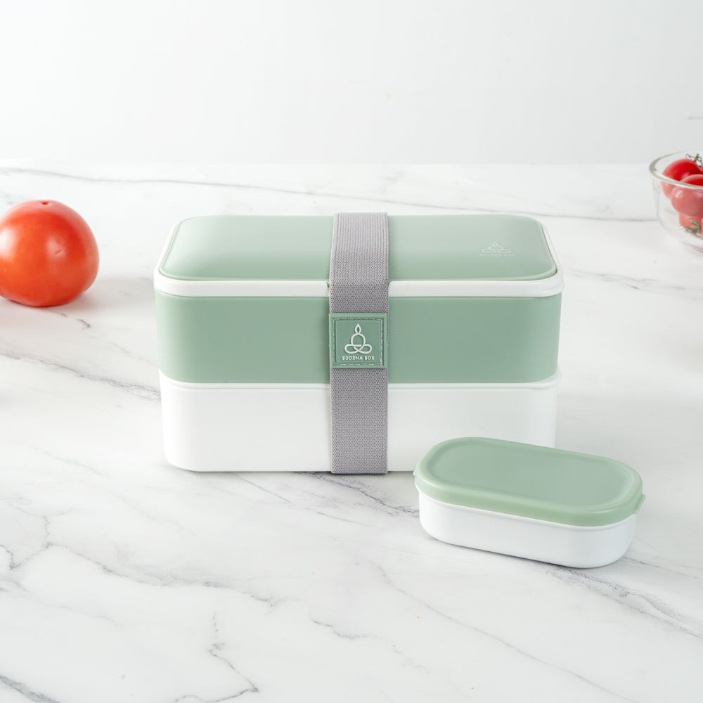 Bento Tek 41 oz Green and White Buddha Box All-in-One Lunch Box - with Utensils, Sauce Cup - 7 1/4" x 4 1/4" x 4" - 1 count box