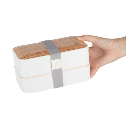 Bento Tek 41 oz Wood Grain and White Buddha Box All-in-One Lunch Box - with Utensils, Sauce Cup - 7 1/4" x 4 1/4" x 4" - 1 count box