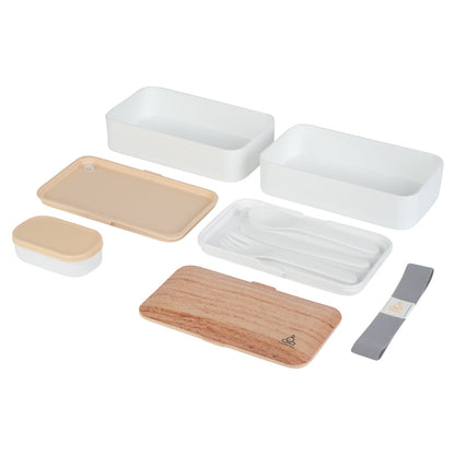 Bento Tek 41 oz Wood Grain and White Buddha Box All-in-One Lunch Box - with Utensils, Sauce Cup - 7 1/4" x 4 1/4" x 4" - 1 count box