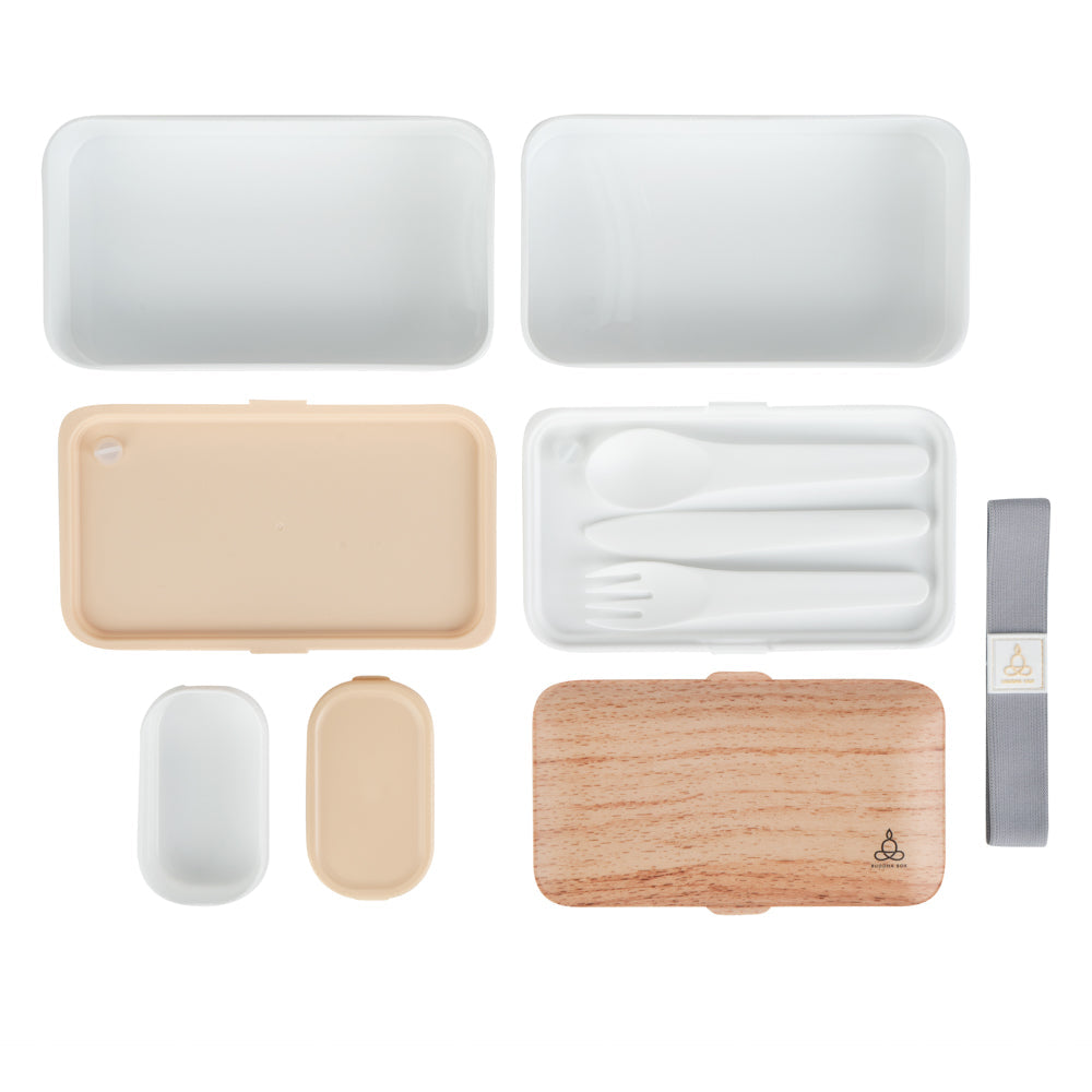 Bento Tek 41 oz Wood Grain and White Buddha Box All-in-One Lunch Box - with Utensils, Sauce Cup - 7 1/4" x 4 1/4" x 4" - 1 count box
