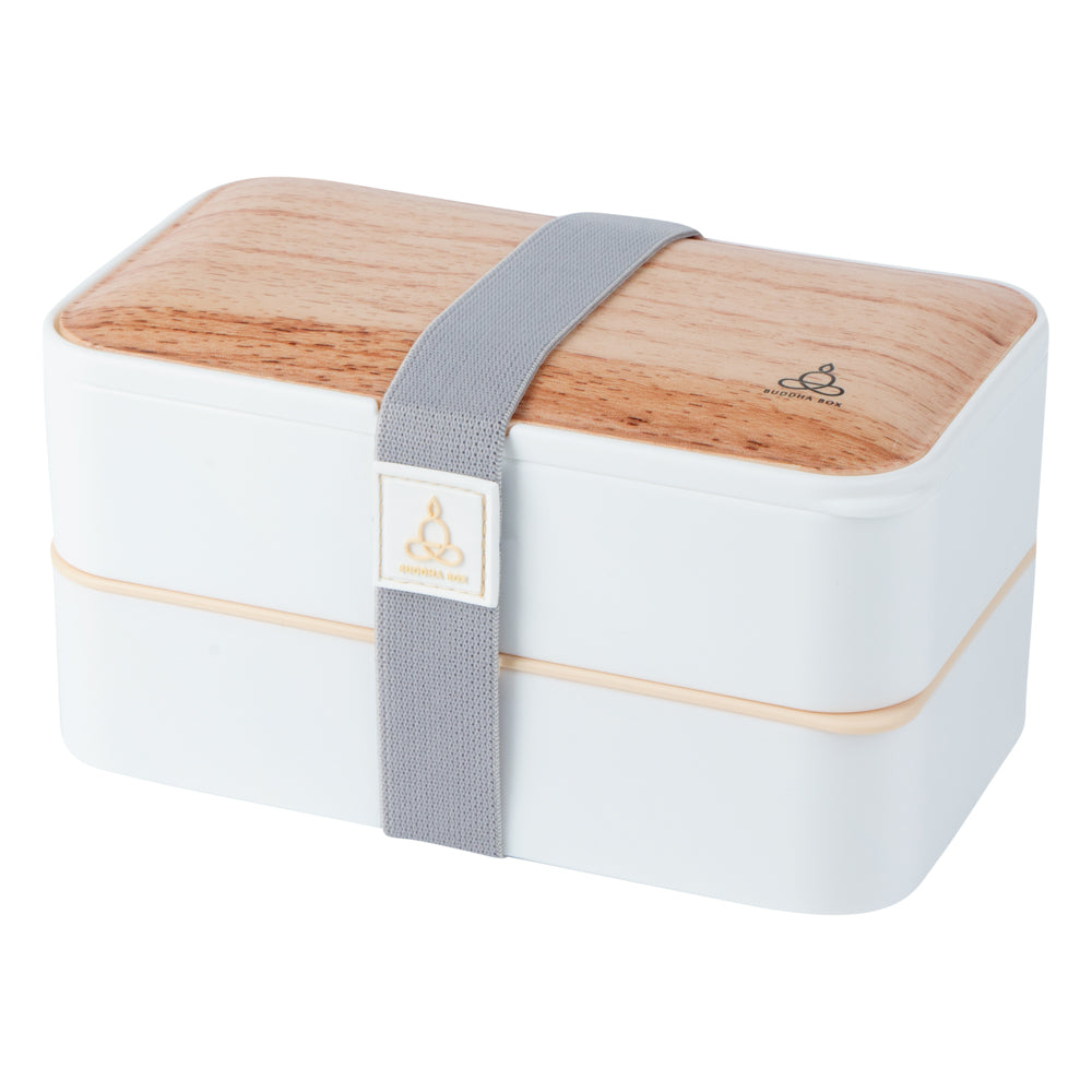 Bento Tek 41 oz Wood Grain and White Buddha Box All-in-One Lunch Box - with Utensils, Sauce Cup - 7 1/4" x 4 1/4" x 4" - 1 count box