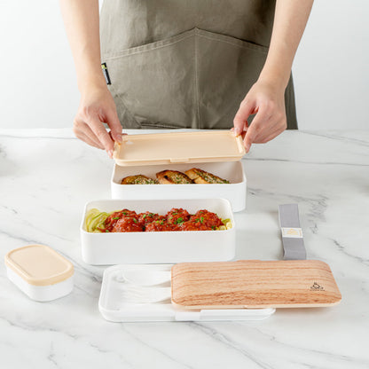 Bento Tek 41 oz Wood Grain and White Buddha Box All-in-One Lunch Box - with Utensils, Sauce Cup - 7 1/4" x 4 1/4" x 4" - 1 count box