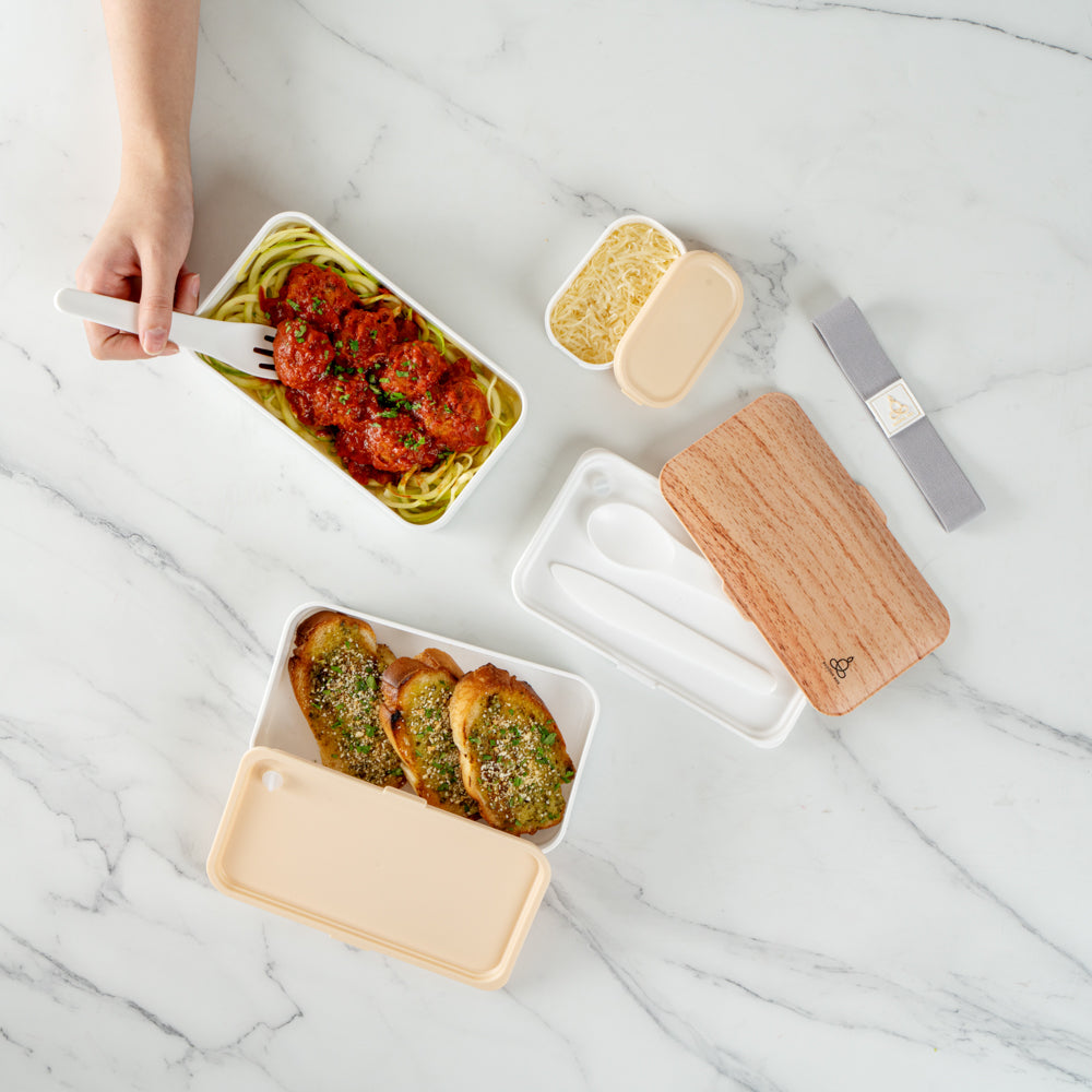 Bento Tek 41 oz Wood Grain and White Buddha Box All-in-One Lunch Box - with Utensils, Sauce Cup - 7 1/4" x 4 1/4" x 4" - 1 count box