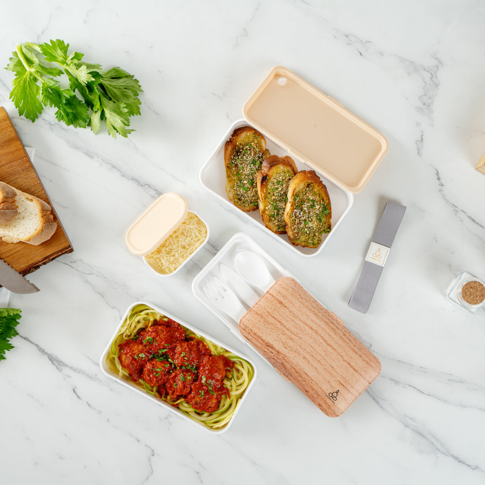 Bento Tek 41 oz Wood Grain and White Buddha Box All-in-One Lunch Box - with Utensils, Sauce Cup - 7 1/4" x 4 1/4" x 4" - 1 count box