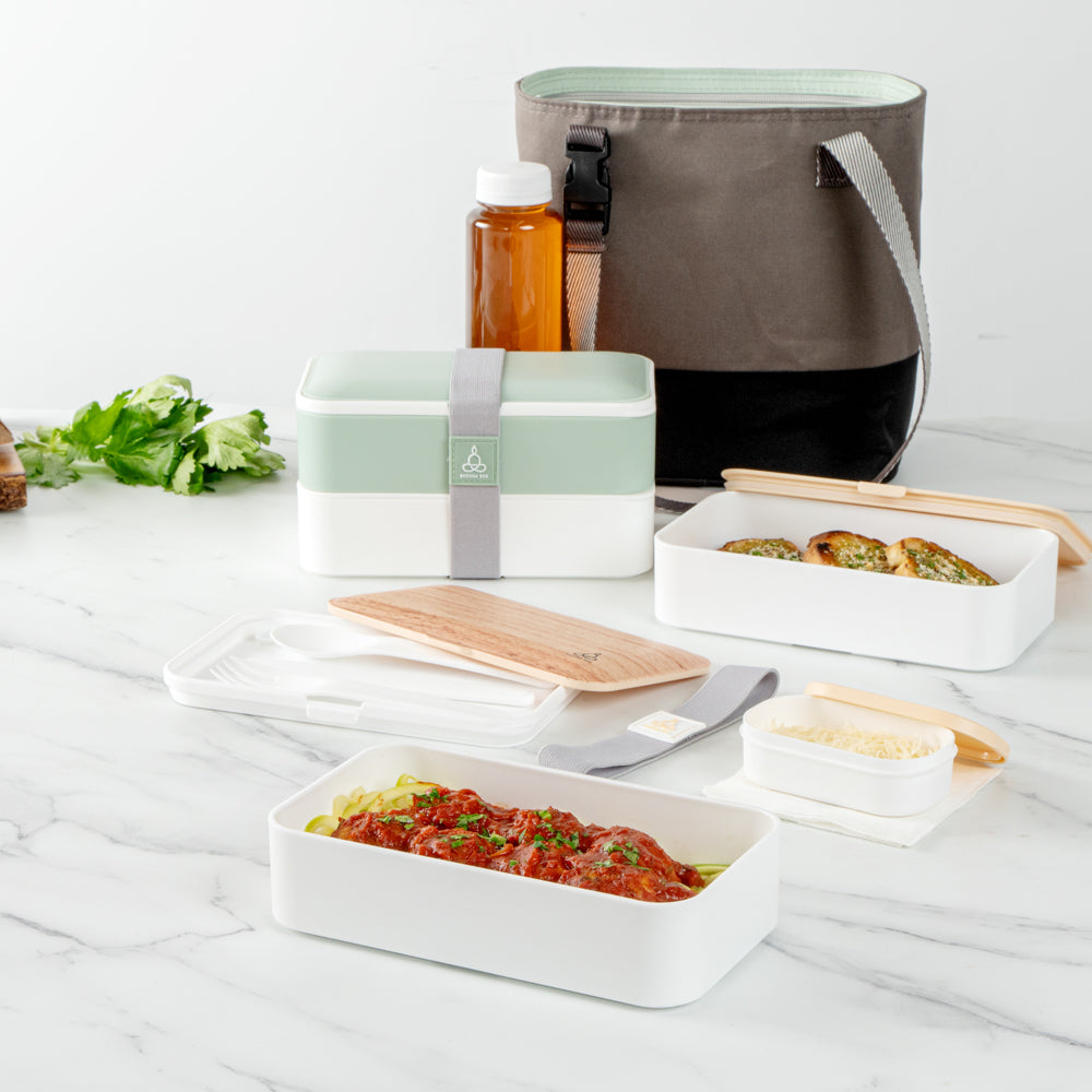 Bento Tek 41 oz Wood Grain and White Buddha Box All-in-One Lunch Box - with Utensils, Sauce Cup - 7 1/4" x 4 1/4" x 4" - 1 count box