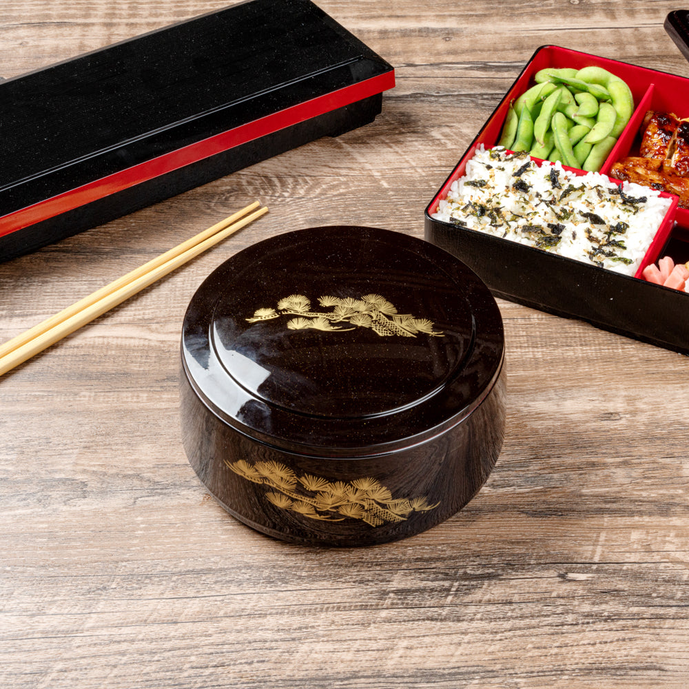 Bento Tek 25 oz Round Black Japanese Style Bento Box - 6 1/2" x 6 1/2" x 3 1/4" - 1 count box