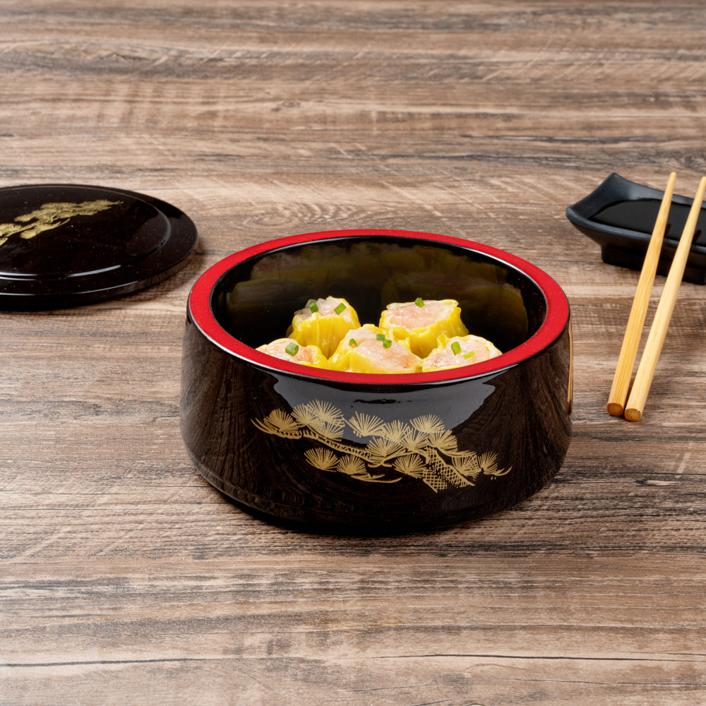 Bento Tek 25 oz Round Black Japanese Style Bento Box - 6 1/2" x 6 1/2" x 3 1/4" - 1 count box