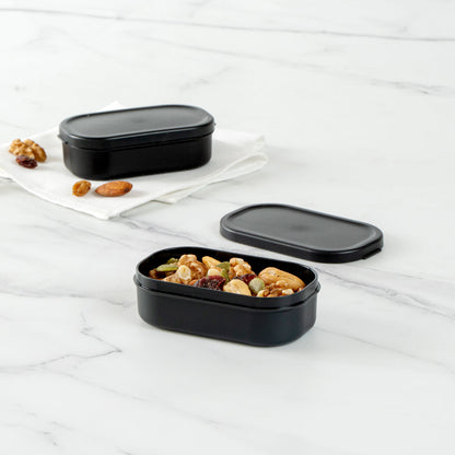 Bento Tek 3 oz Black Buddha Box Snack / Sauce Container - with Black Lid - 3 3/4" x 2 1/4" x 1 1/4" - 4 count box