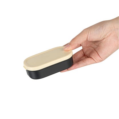 Bento Tek 3 oz Black Buddha Box Snack / Sauce Container - with Beige Lid - 3 3/4" x 2 1/4" x 1 1/4" - 4 count box