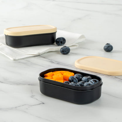 Bento Tek 3 oz Black Buddha Box Snack / Sauce Container - with Beige Lid - 3 3/4" x 2 1/4" x 1 1/4" - 4 count box