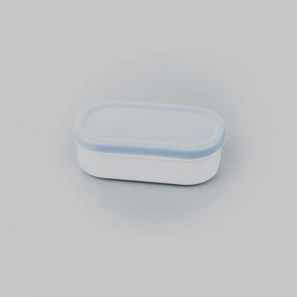Bento Tek 3 oz White Buddha Box Snack / Sauce Container - with Blue Lid - 3 3/4" x 2 1/4" x 1 1/4" - 4 count box