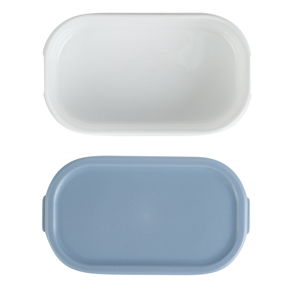 Bento Tek 3 oz White Buddha Box Snack / Sauce Container - with Blue Lid - 3 3/4" x 2 1/4" x 1 1/4" - 4 count box