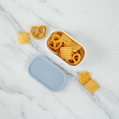 Bento Tek 3 oz White Buddha Box Snack / Sauce Container - with Blue Lid - 3 3/4" x 2 1/4" x 1 1/4" - 4 count box