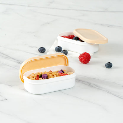 Bento Tek 3 oz White Buddha Box Snack / Sauce Container - with Beige Lid - 3 3/4" x 2 1/4" x 1 1/4" - 4 count box