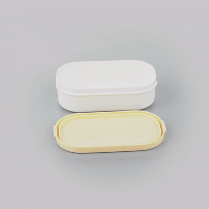 Bento Tek 3 oz White Buddha Box Snack / Sauce Container - with Beige Lid - 3 3/4" x 2 1/4" x 1 1/4" - 4 count box