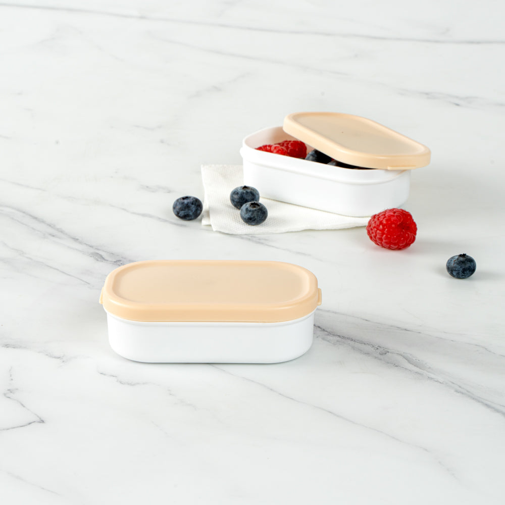 Bento Tek 3 oz White Buddha Box Snack / Sauce Container - with Beige Lid - 3 3/4" x 2 1/4" x 1 1/4" - 4 count box