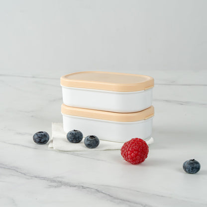 Bento Tek 3 oz White Buddha Box Snack / Sauce Container - with Beige Lid - 3 3/4" x 2 1/4" x 1 1/4" - 4 count box