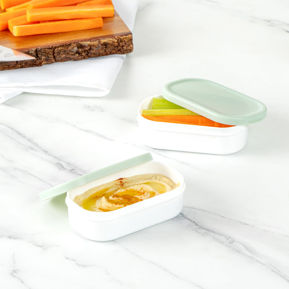 Bento Tek 3 oz White Buddha Box Snack / Sauce Container - with Green Lid - 3 3/4" x 2 1/4" x 1 1/4" - 4 count box