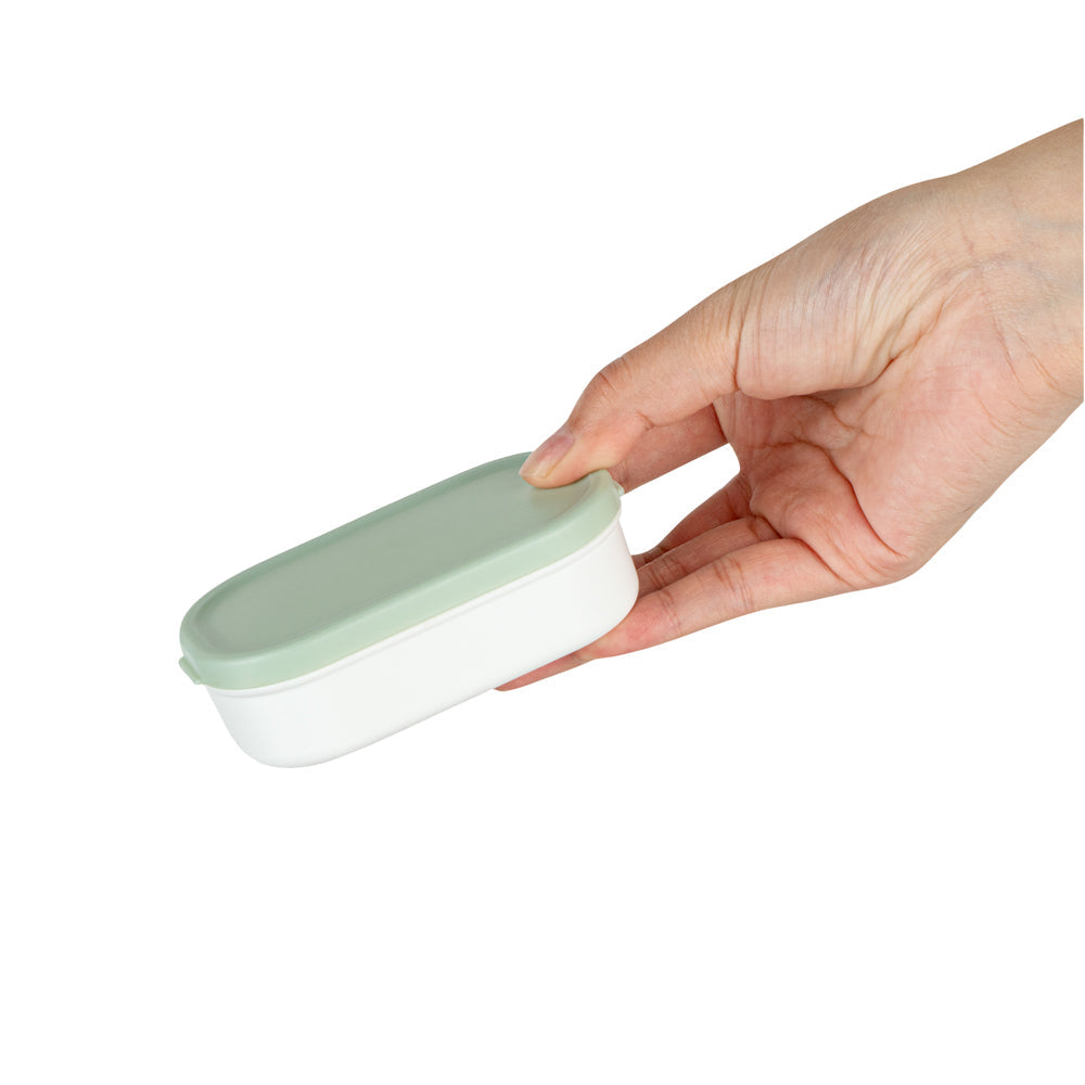 Bento Tek 3 oz White Buddha Box Snack / Sauce Container - with Green Lid - 3 3/4" x 2 1/4" x 1 1/4" - 4 count box