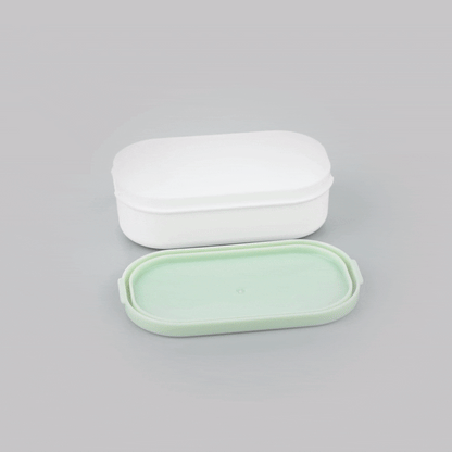Bento Tek 3 oz White Buddha Box Snack / Sauce Container - with Green Lid - 3 3/4" x 2 1/4" x 1 1/4" - 4 count box