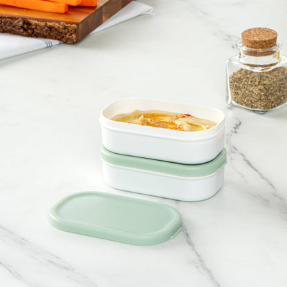 Bento Tek 3 oz White Buddha Box Snack / Sauce Container - with Green Lid - 3 3/4" x 2 1/4" x 1 1/4" - 4 count box