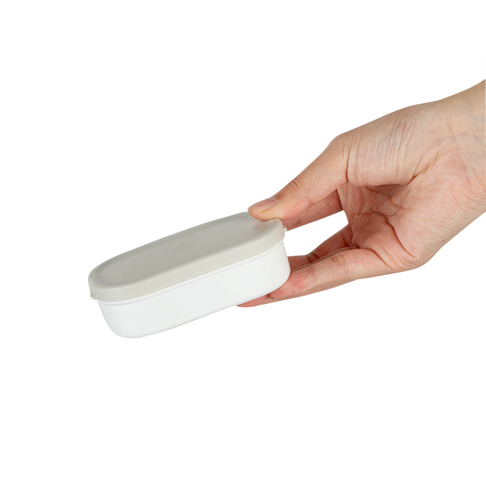 Bento Tek 3 oz White Buddha Box Snack / Sauce Container - with Gray Lid - 3 3/4" x 2 1/4" x 1 1/4" - 4 count box