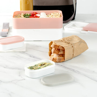 Bento Tek 3 oz White Buddha Box Snack / Sauce Container - with Gray Lid - 3 3/4" x 2 1/4" x 1 1/4" - 4 count box