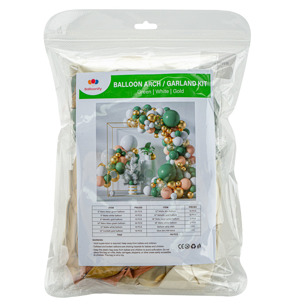 Balloonify Green, White and Gold Balloon Arch / Garland Kit - 116 Pieces - 1 count box