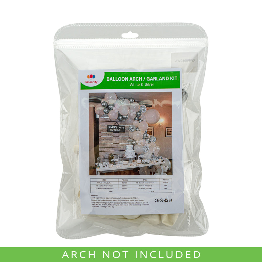 Balloonify White and Silver Balloon Arch / Garland Kit - 72 Pieces - 1 count box
