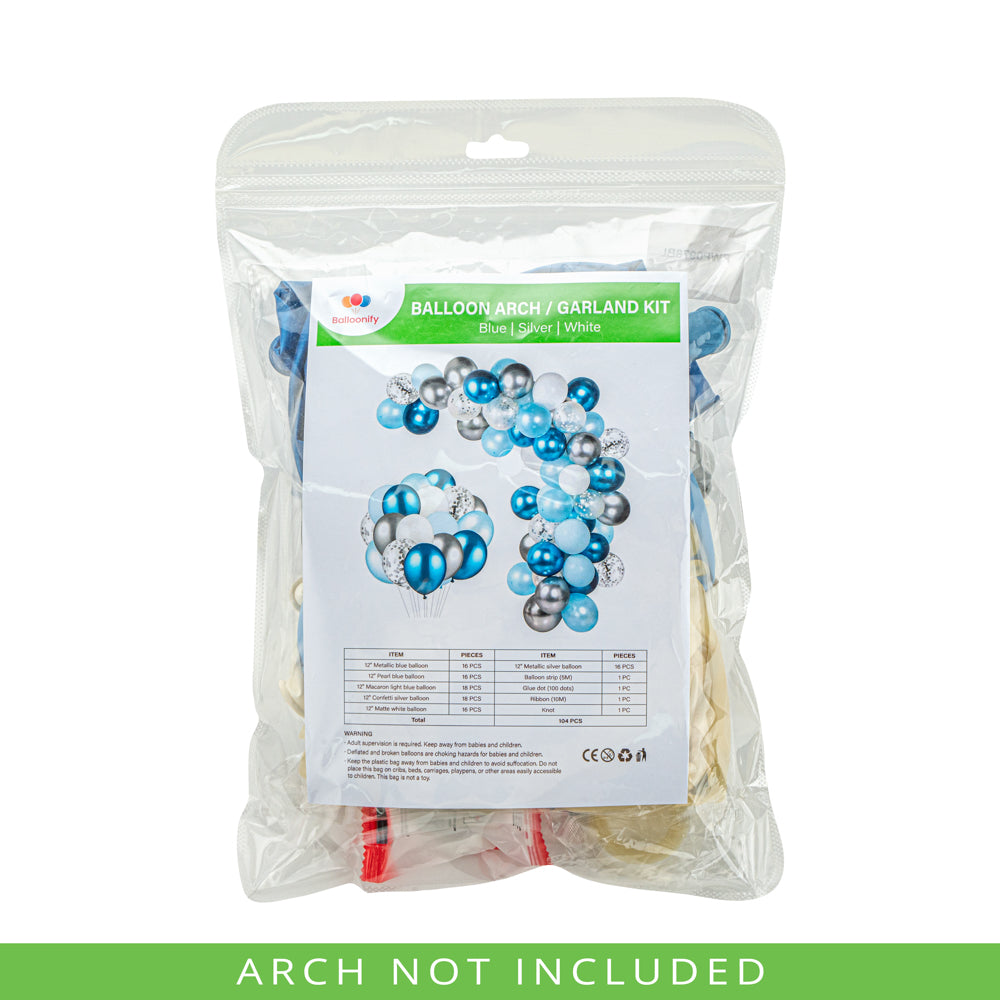 Balloonify Blue, Silver and White Balloon Arch / Garland Kit - 104 Pieces - 1 count box