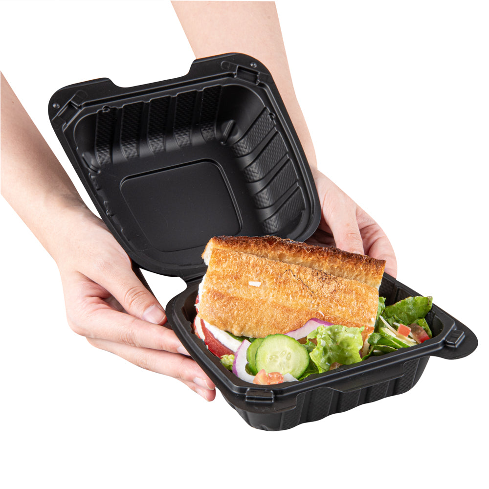 Thermo Tek 18 oz Black Mineral-Filled Plastic Clamshell Container - 6" x 6" x 3" - 100 count box