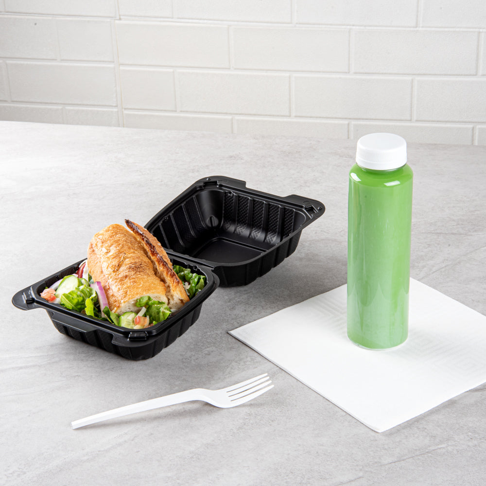 Thermo Tek 18 oz Black Mineral-Filled Plastic Clamshell Container - 6" x 6" x 3" - 100 count box