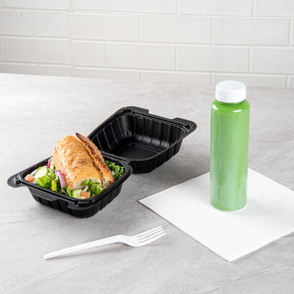 Thermo Tek 18 oz Black Mineral-Filled Plastic Clamshell Container - 6" x 6" x 3" - 100 count box