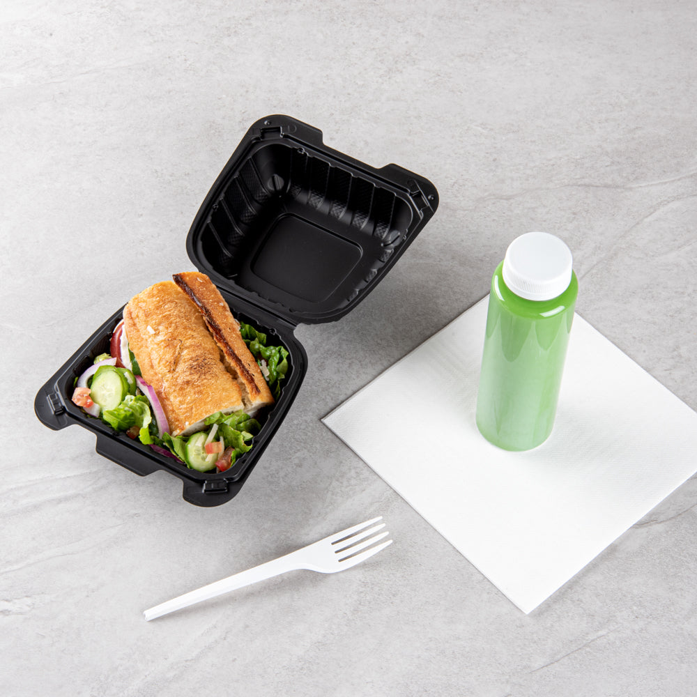 Thermo Tek 18 oz Black Mineral-Filled Plastic Clamshell Container - 6" x 6" x 3" - 100 count box
