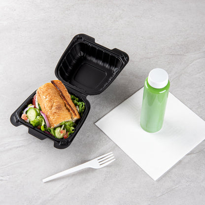 Thermo Tek 18 oz Black Mineral-Filled Plastic Clamshell Container - 6" x 6" x 3" - 100 count box