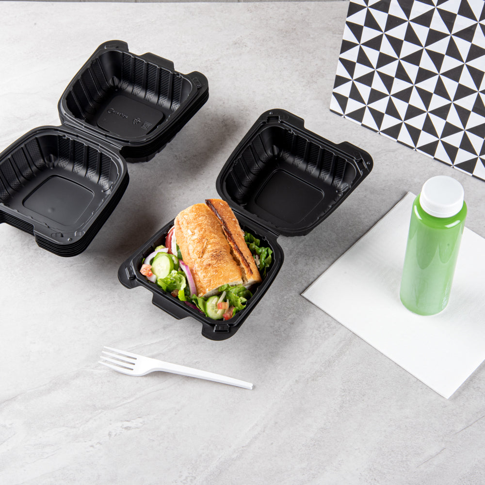 Thermo Tek 18 oz Black Mineral-Filled Plastic Clamshell Container - 6" x 6" x 3" - 100 count box