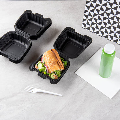 Thermo Tek 18 oz Black Mineral-Filled Plastic Clamshell Container - 6" x 6" x 3" - 100 count box
