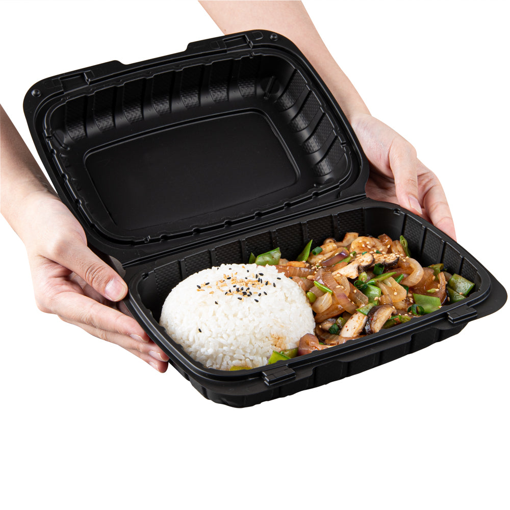 Thermo Tek 30 oz Black Mineral-Filled Plastic Clamshell Container - 9" x 6" x 3" - 100 count box
