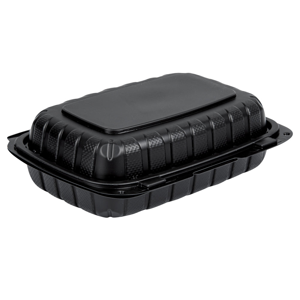 Thermo Tek 30 oz Black Mineral-Filled Plastic Clamshell Container - 9" x 6" x 3" - 100 count box