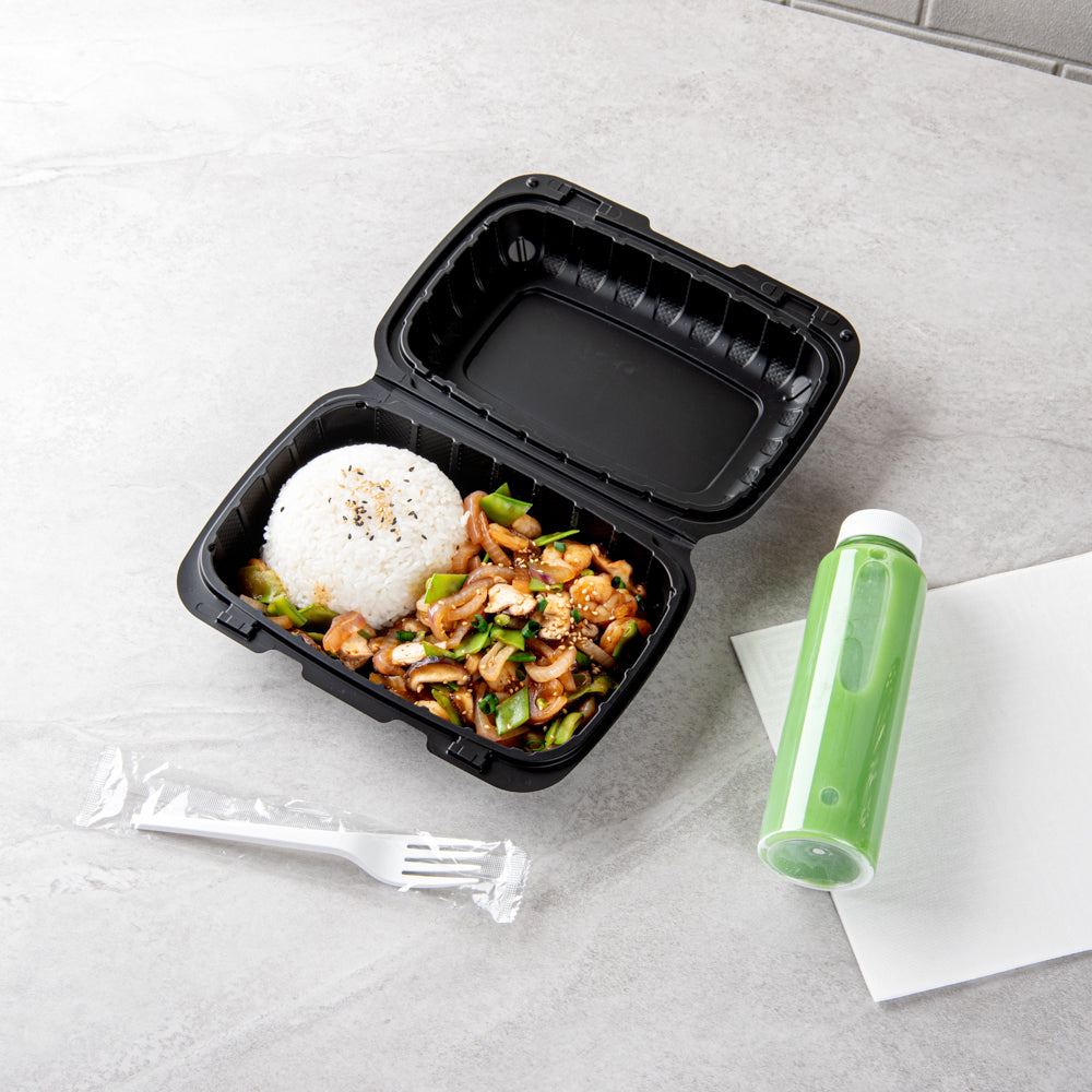 Thermo Tek 30 oz Black Mineral-Filled Plastic Clamshell Container - 9" x 6" x 3" - 100 count box