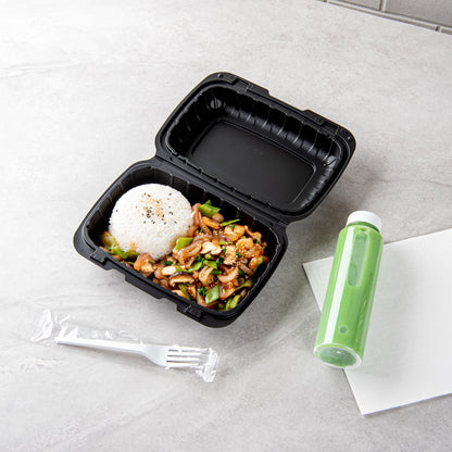 Thermo Tek 30 oz Black Mineral-Filled Plastic Clamshell Container - 9" x 6" x 3" - 100 count box